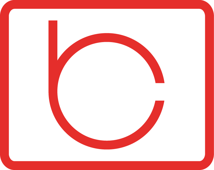Red rounded rectangle containing a stylized red 'b' and 'c' forming a circular shape.